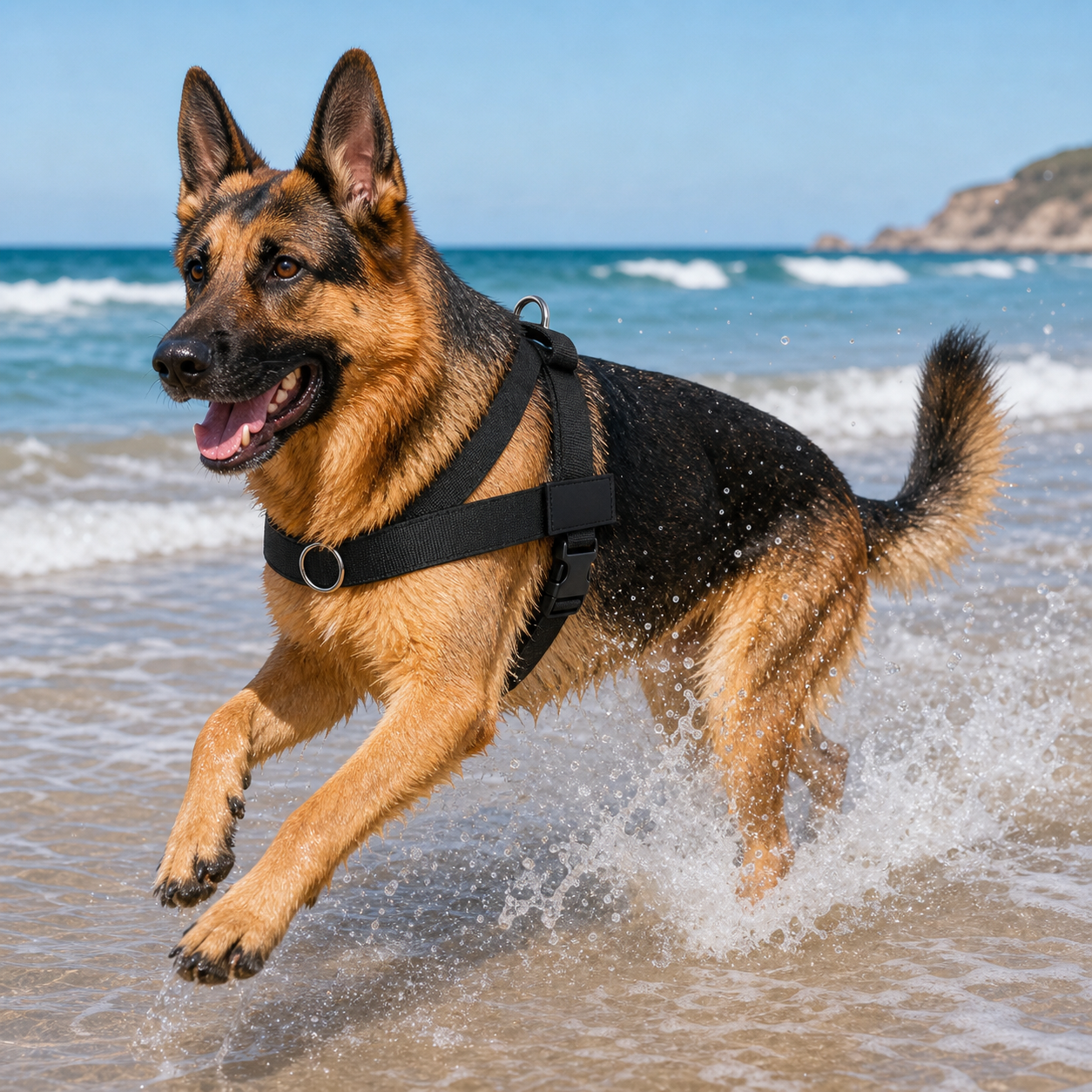 German shepherd wearing the black PawGuard harness at the beach