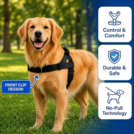 Golden retriever wearing the black PawGuard front-clip harness with feature callouts