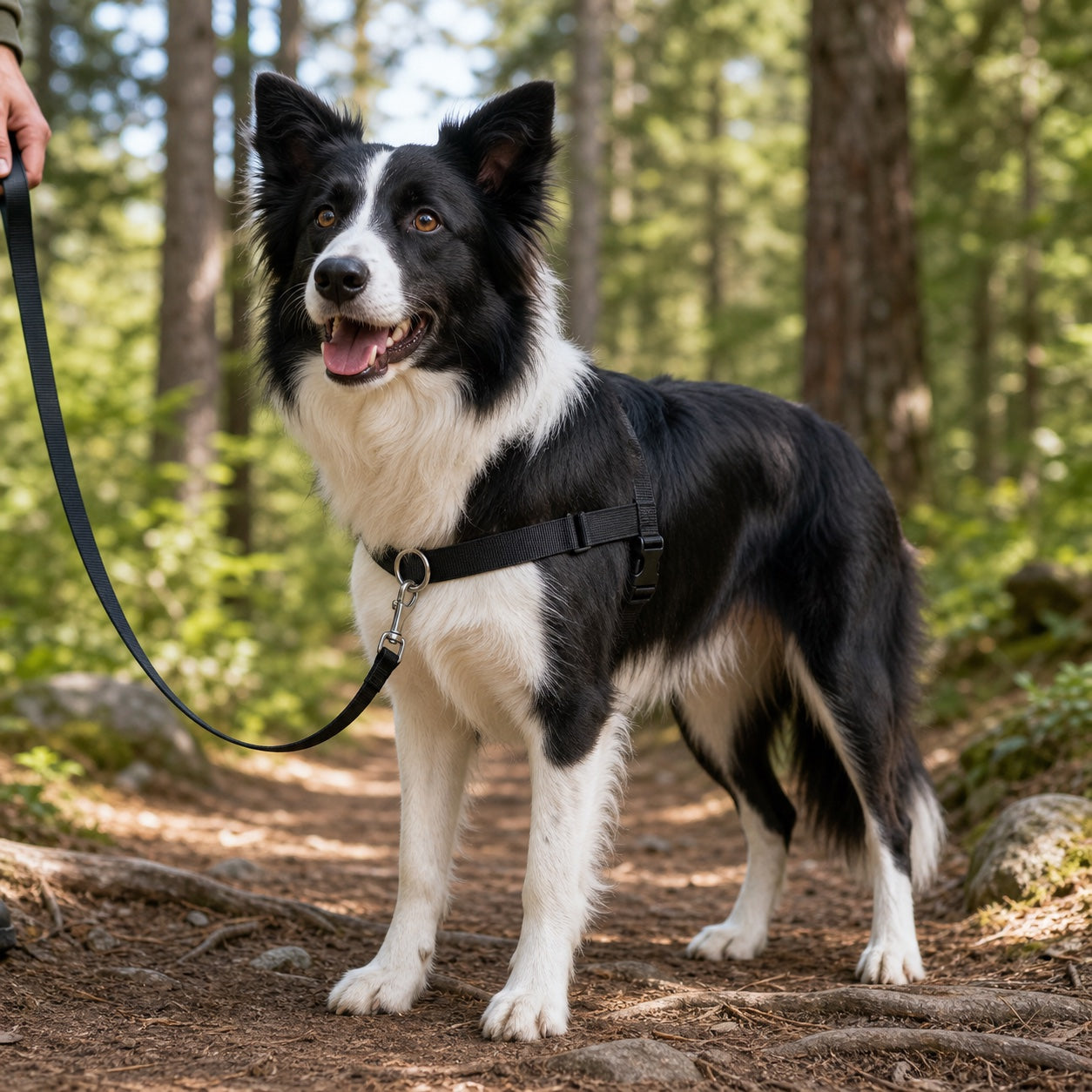 Border collie wearing a black PawGuard harness on a forest walking trail