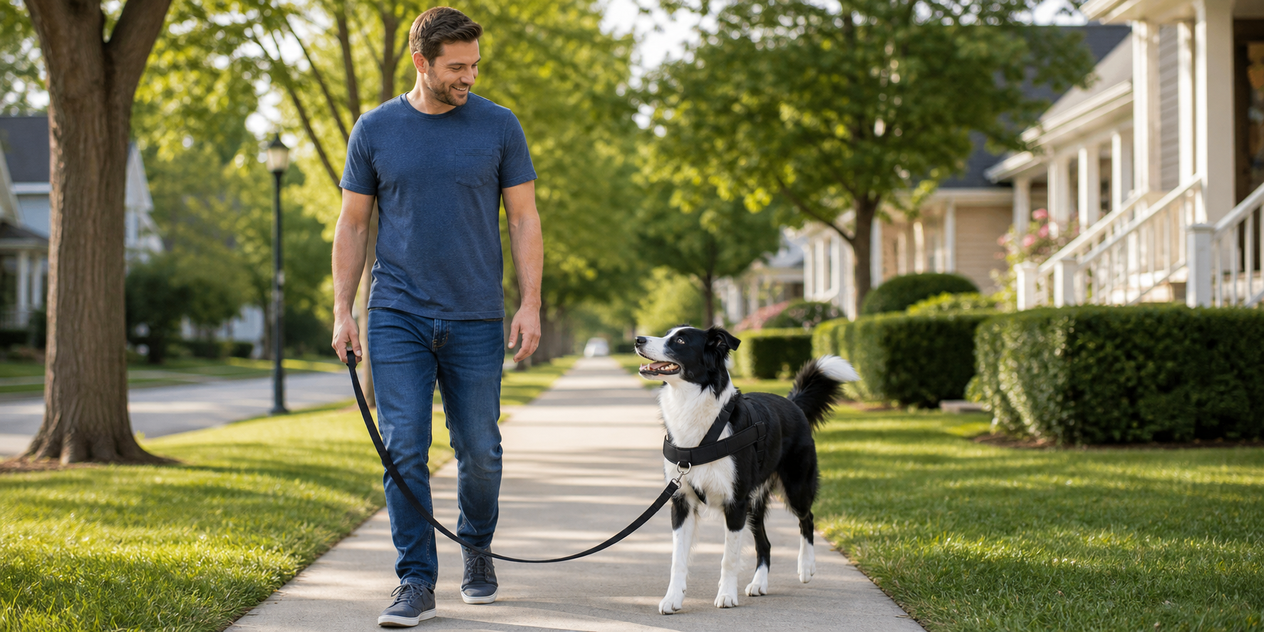 Man casually walking a dog with the leash clipped to the front of the harness