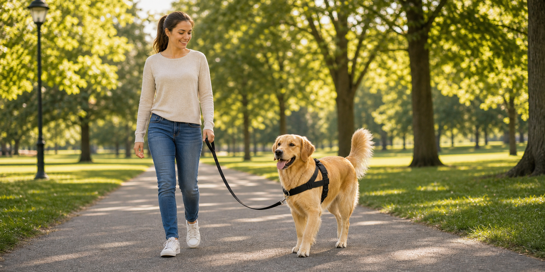 Person casually walking a golden retriever with the leash clipped to the front of the harness