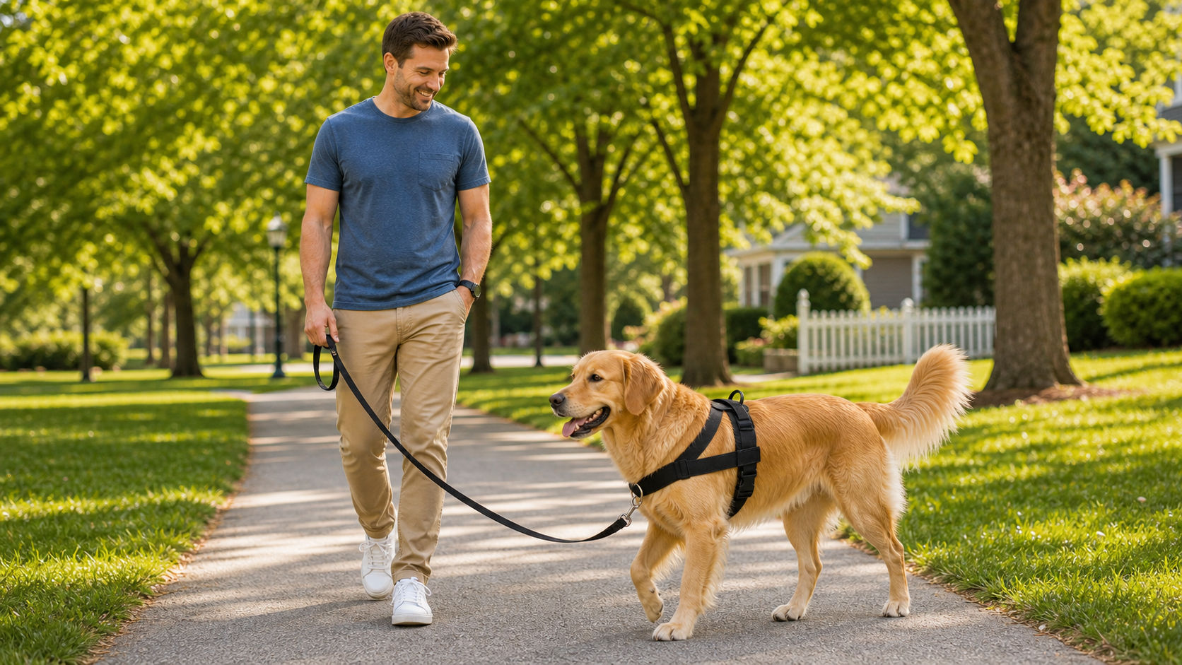 Man walking a golden retriever with the leash correctly clipped to the front harness ring