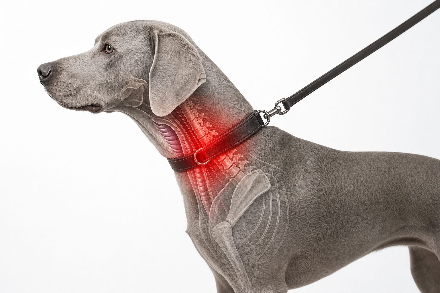 Educational image showing leash pressure around a dog's collar and neck