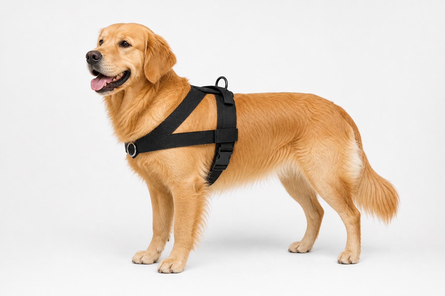 Golden retriever wearing a corrected black PawGuard-style harness with the side strap visible