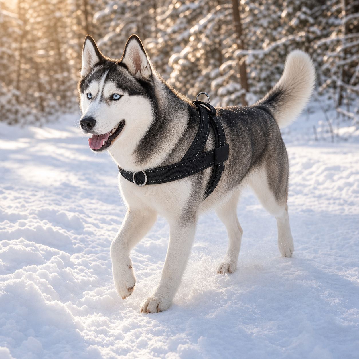 Husky walking happily in the correct PawGuard harness