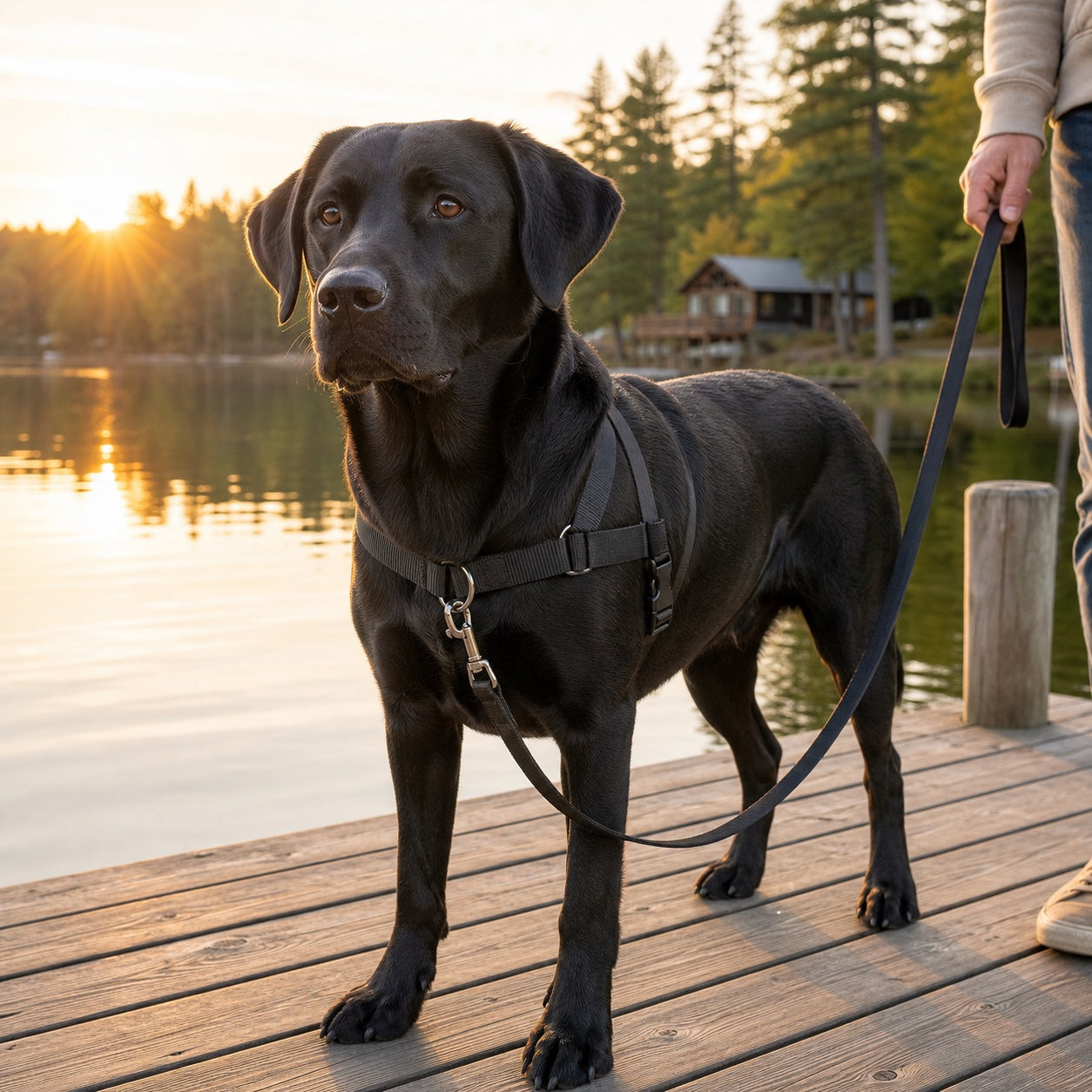Black Labrador wearing a black PawGuard harness on a lakeside dock