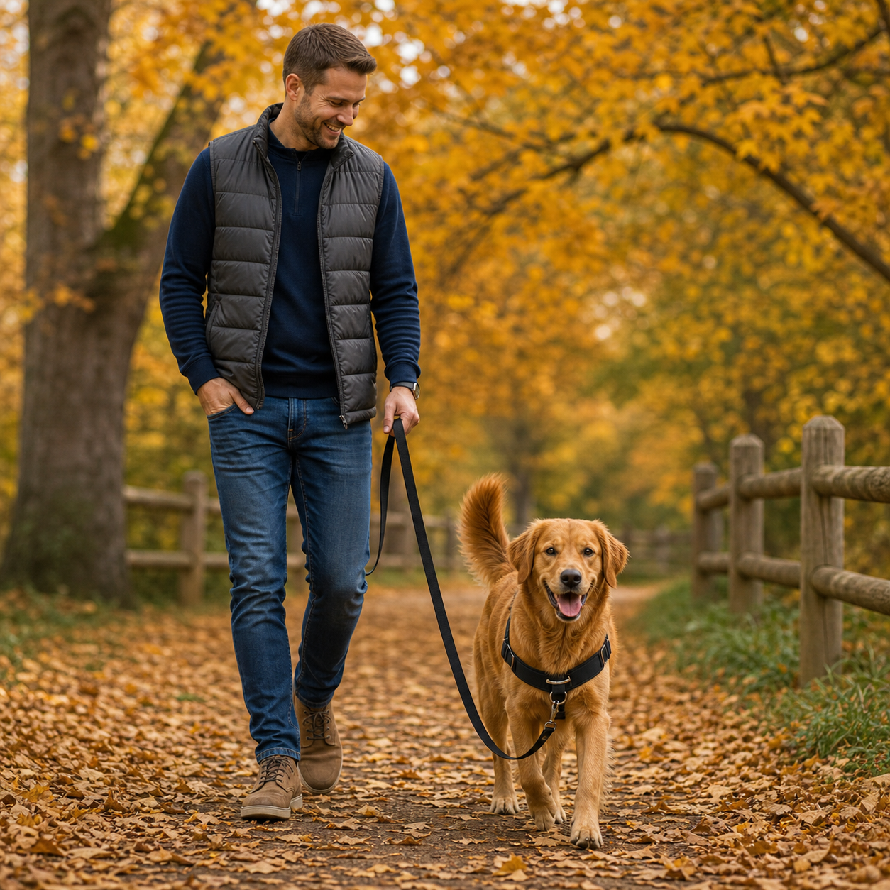 Man walking a golden retriever in a PawGuard harness on an autumn path