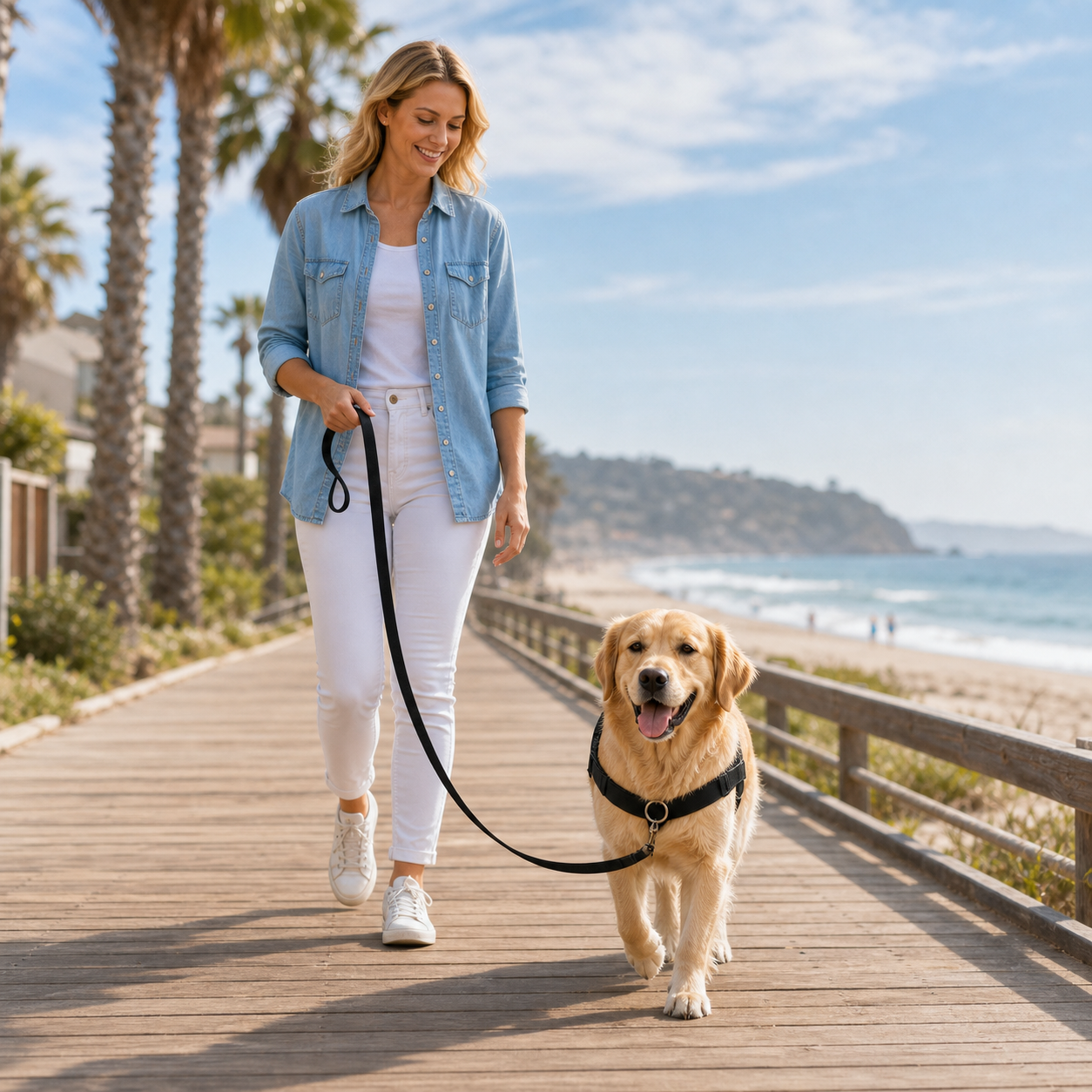 Woman walking a golden retriever in a PawGuard harness on a beach boardwalk