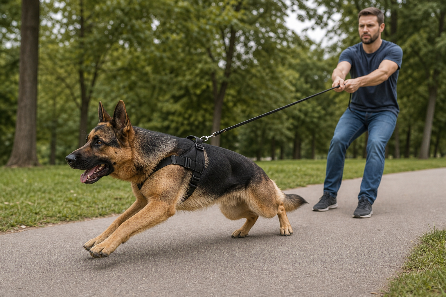 German shepherd pulling forward on a taut back-clip harness leash